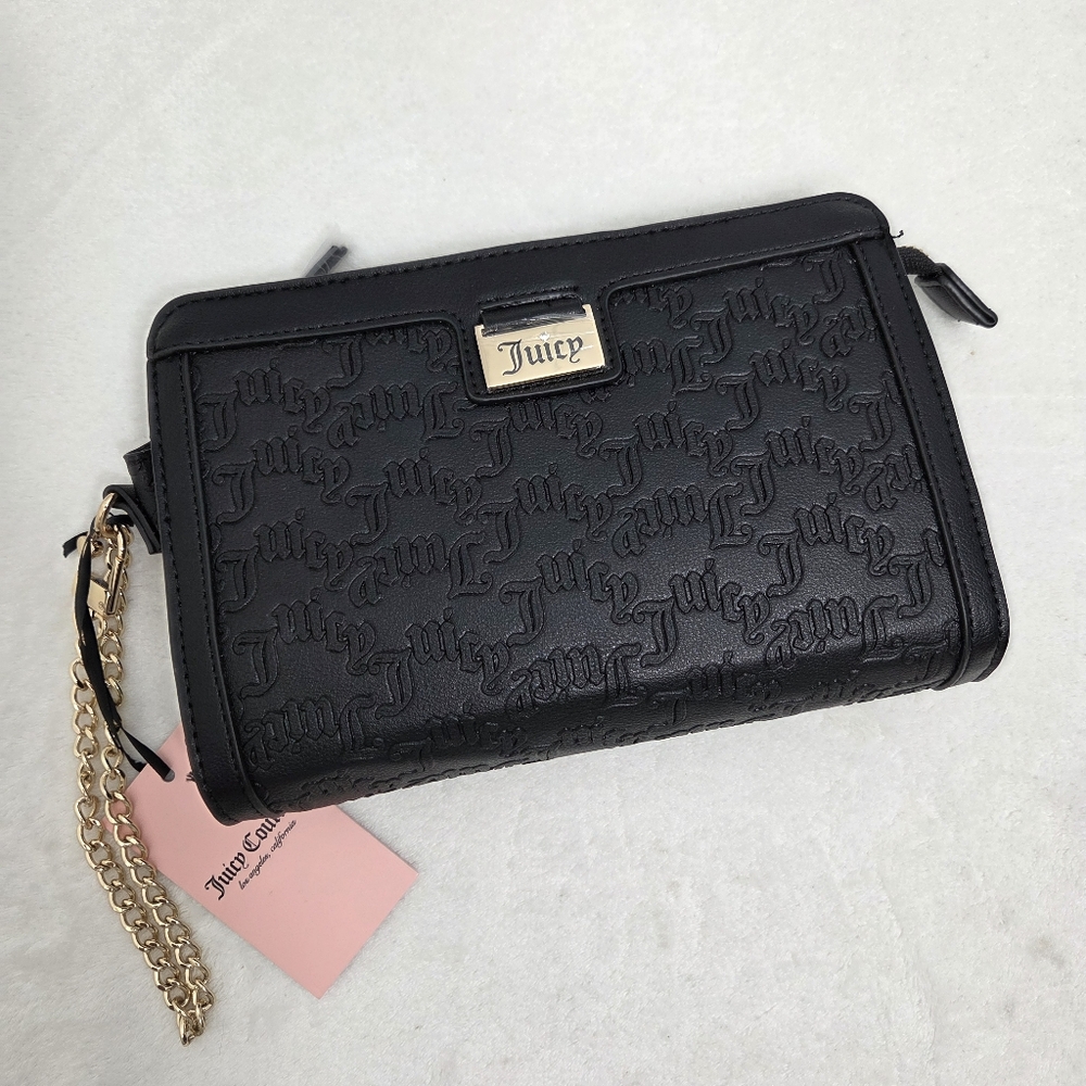 Juicy Couture Embossed Black and‎ Gold Clutch with Chain Strap